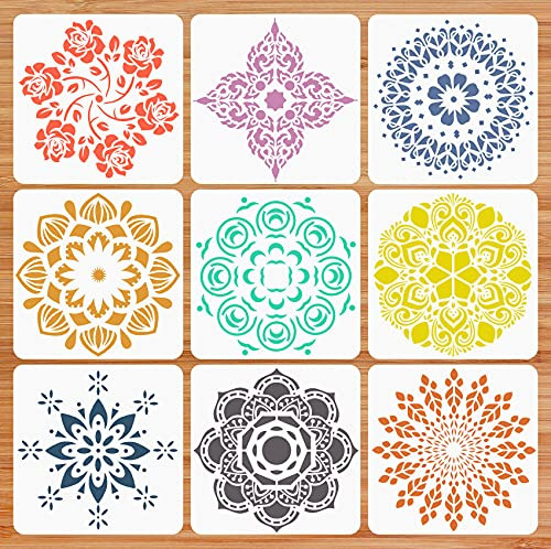 9 Pack 12x12 Inches Reusable Mandala Stencil for Painting on Floor Large Wall Floor Tile Fabric Furniture Stencils Painting Template
