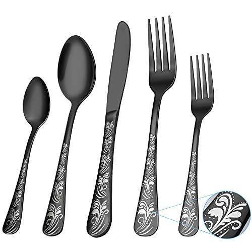 Black Silverware Set, Elegant Life 30-Piece Stainless Steel Flatware Cutlery Set, Knife Fork Spoon Flatware, Mirror Finish, Smooth Edge, Service for 6 -Black-