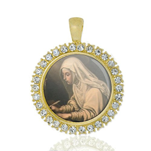 Realig St Catherine De Ricci Christian Round Medal Gold Tone Pendant with Rhinestones Realig St Catherine De Ricci Christian Round Medal Gold Tone Pendant with Rhinestones
