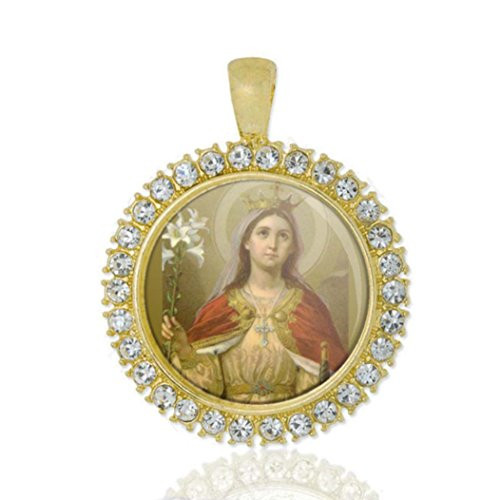 Realig St Catherine Of Alexandria Christian Round Medal Gold Tone Pendant with Rhinestones