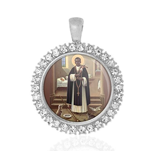 St Martin De Porres Religious Round Medal Silver Tone Pendant with Rhinestones St Martin De Porres Religious Round Medal Silver Tone Pendant with Rhinestones