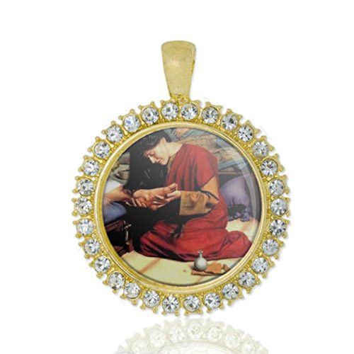 Realig St Mary Magdalene Washes Jesus Christian Round Medal Gold Tone Pendant with Rhinestones Realig St Mary Magdalene Washes Jesus Christian Round Medal Gold Tone Pendant with Rhinestones