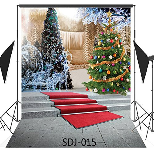 5x7ft Christmas Theme Santa Ride & Xmas Tree Pictorial Cloth Poly Fabric Photo Backdrops Customized Studio Background Studio Props SDJ-015