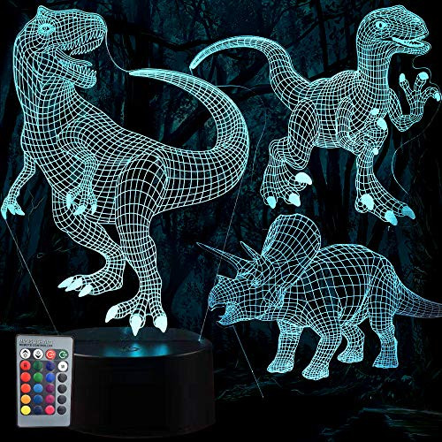 ZealWe 3D Dinosaur Night Light - 3D Illusion Lamp Three Pattern and 7 Color Change Decor Lamp with Remote Control for Kids, Dinosaur Gifts for Boys