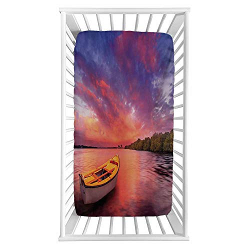 Lyzelre Sunset Fitted Crib Sheet,Enchanted Coast with a Rowboat Under Magical Hazy Sky Peaceful Nature Image Microfiber Silky Soft Toddler Mattress Sheet Fitted,28"x 52"x 8'' for Boys Girls Lyzelre Sunset Fitted Crib Sheet,Enchanted Coast with a Rowboat Under Magical Hazy Sky Peaceful Nature Image Microfiber Silky Soft Toddler Mattress Sheet Fitted,28"x 52"x 8'' for Boys Girls