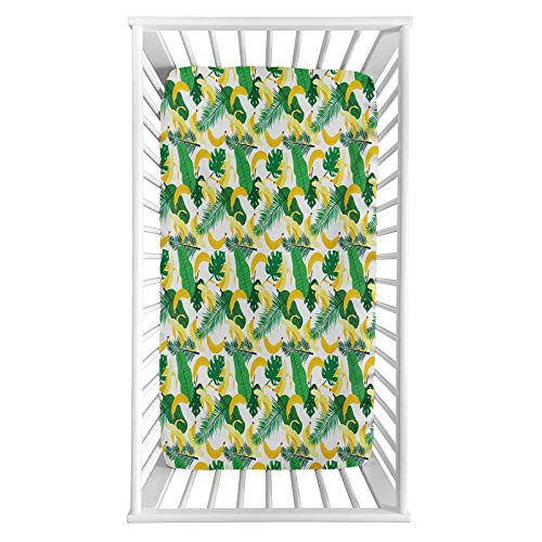 Lyzelre Island Fitted Crib Sheet,Pattern with Hand Drawn Cartoon Style Banana Fruits and Green Leaves Tropical Jungle Microfiber Silky Soft Toddler Mattress Sheet Fitted,28"x 52"x 8'', for Boys Girls