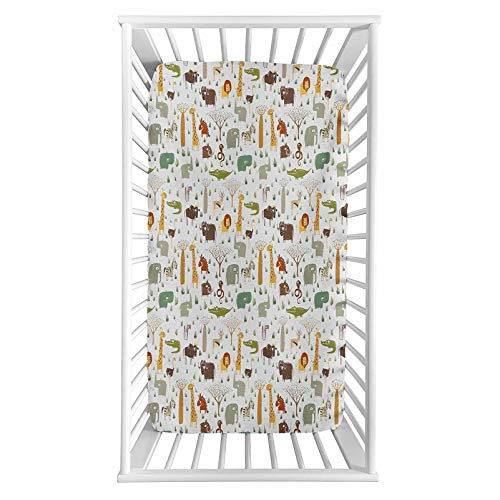 Lyzelre Cartoon Animal Fitted Crib Sheet,Grunge Savannah Fauna Childhood Theme Safari Funny Wildlife Pattern Microfiber Silky Soft Toddler Mattress Sheet Fitted,28"x 52"x 8'' for Boys Girls