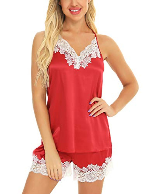 ARANEE Womens Satin Pajama Sets Sexy Lingeries Cami Shorts Set Lace Pj Sleepwear Set Wine Red ARANEE Womens Satin Pajama Sets Sexy Lingeries Cami Shorts Set Lace Pj Sleepwear Set Wine Red