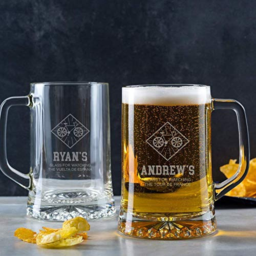 Cycling Pint Glass - Personalized Cycling Gifts for Men - Unique Birthday, Anniversary, Fathers Day Gift - Engraved Tankard Beer Mug with Handle