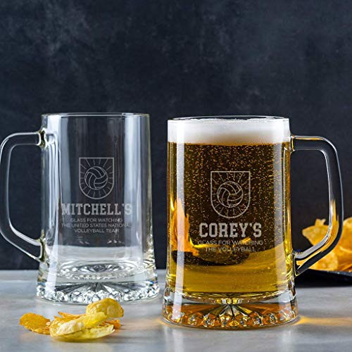 Personalized Volleyball Beer Mug - Volleyball Gifts for Men - Coach - Unique Birthday - Anniversary - Fathers Day Gift - Engraved Tankard Pint Glass with Handle