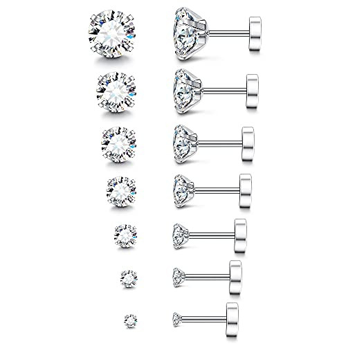 Fansilver 7Pairs 20G Hypoallergenic Stud Earrings for Women Men Stud Flatback Ear Piercing Cubic Zirconia 2-8mm