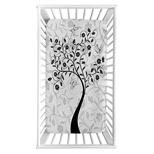 Lyzelre Tree Fitted Crib Sheet,Abstract Curly Branches in Full Blossom Spring Foliage Butterfly Monochrome Microfiber Silky Soft Toddler Mattress Sheet Fitted,28"x 52"x 8'' for Boys Girls