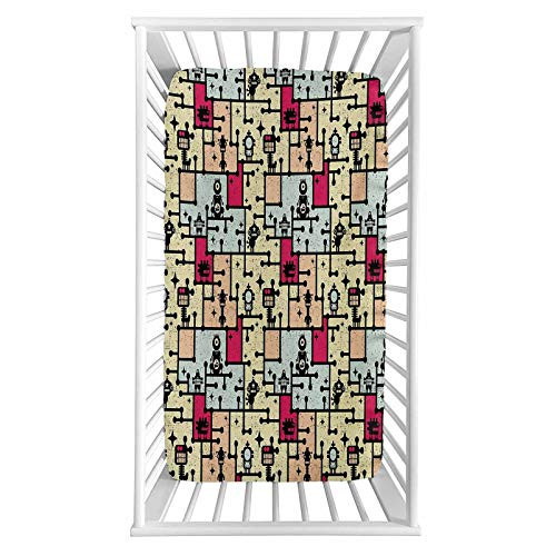 Lyzelre Space Fitted Crib Sheet,Geometric Grid Design with Stripes Dots Retro Background Fantastic Robot Pattern Microfiber Silky Soft Toddler Mattress Sheet Fitted,28"x 52"x 8'' for Boys Girls