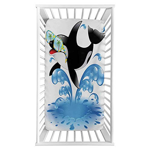 Funny Fitted Crib Sheet,Summer Holiday Ocean Cute Jumping Killer Whale with Sunglasses Cartoon Animal Love Microfiber Silky Soft Toddler Mattress Sheet Fitted,28"x 52"x 8'',Baby Sheet for Boys Girls