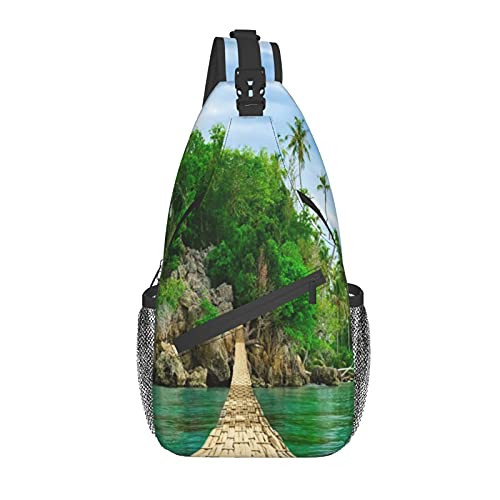 Fftian Remote Desert Island Beautiful Tropical Landscape Sling Backpack,Travel Hiking Daypack Pattern Rope Crossbody Shoulder Bag