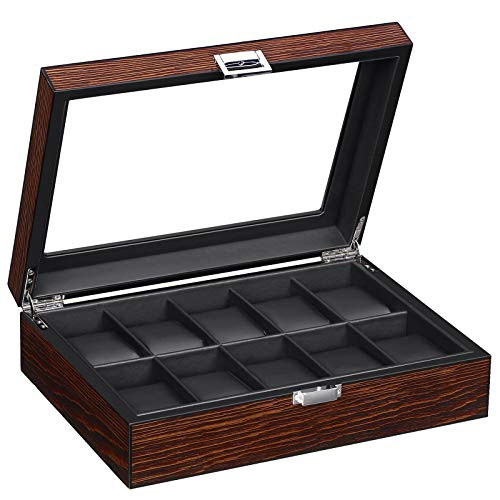 BEWISHOME Watch Box -10 Slot Luxury Watch Case with Real Glass Top, Smooth Faux Leather Interior,Watch Organizer for Men ,Brown SSH10Y