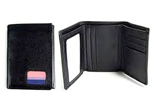 -Bi Pride Flag- Black Leather Trifold Wallet - LGBT Bisexual Pride Gifts  and  Money Holders -Black w/ Square Bi Pride Flag-