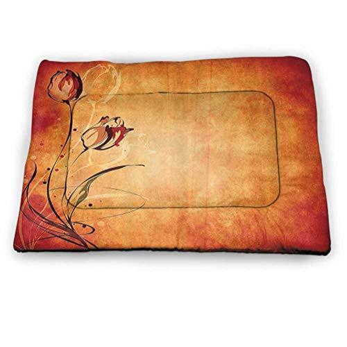 Dog Bed Kennel Pad Antique Soft Dog Mattress Pet Floor Mat Vintage Aged Background with the Silhouette of Rose Bloom Digital Image Use for Dogs Cat Pet,All Seasons Orange Mustard Maroon -21"x14"-
