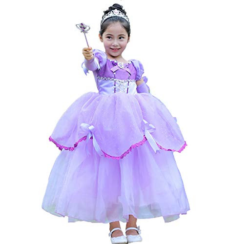 Little Girls Princess Cinderella Dress Belle Yellow Party Aurora Sofia Costume Off Shoulder Dress Up Layered Fancy Halloween Cosplay Floor Length Evening Dance Gown Purple Rapunzel Dress 4-5 Years