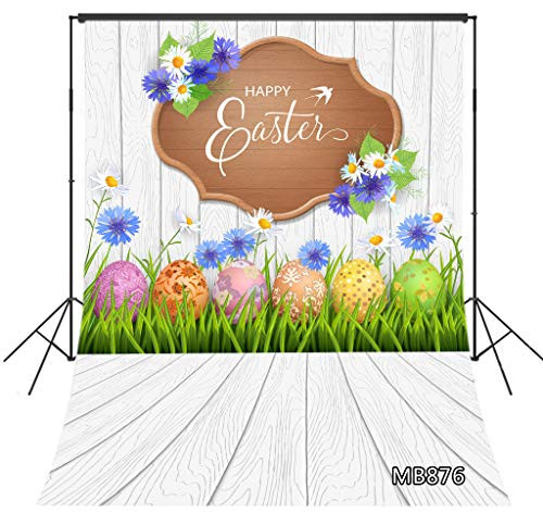 LB 5x7ft Spring Easter Backdrops with Wood Floor Easter Eggs Flowers Grass Photography Background for Kids Adult Pictures,Customized Photoshoot Studio Props