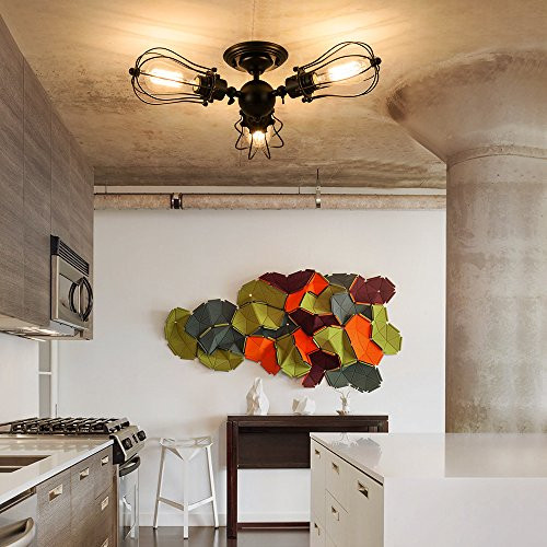 Industrial Light Fixture, Csinos Vintage Light Fixture Rotatable Semi-Flush Mount Ceiling Light Black Wire Cage Ceiling Light Fixture -3 Lights-