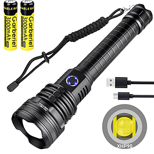 Garberiel 7000 High Lumens XHP90 Flashlight Super Bright RechargeableTactical Flash light with Zoomable Waterproof 5 Modes Power Bank Function for Hiking Hunting Camping Outdoor -Battery Include-