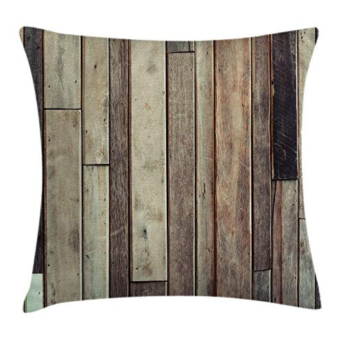 Ahuahua Wooden Throw Pillow Cushion Cover, Antique Planks Flooring Wall Picture American Style Western Rustic Panel Graphic Print, Decorative Square Accent Pillow Case, 26"" X 26"", Brown
