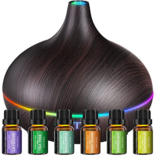 Diffuser with Essential Oils Included, 500ml Aromatherapy Diffuser with Essential Oil Set 6x10mL, Super Quiet Essential Oil Diffuser Gift Set with 14 Color Lights 4 Timers for Home Bedroom Office