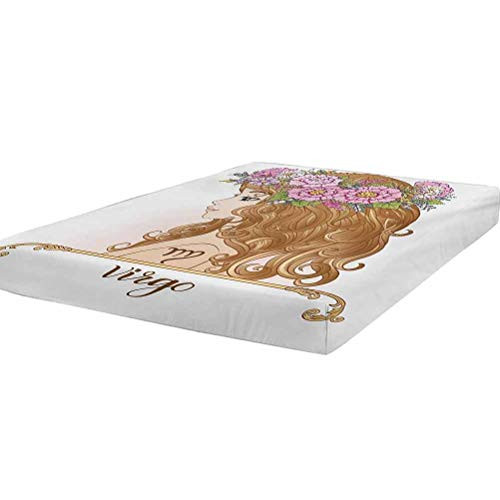 LCGGDB Virgo Bedding Fitted Sheet Twin Size,Girl with Flower Crown Astrology Inspired Image Fortune Telling Illustration Soft Decorative Fabric Bedding All-Round Elastic Pocket,Pink Caramel Green