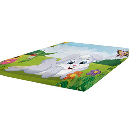 LCGGDB Kids Fitted Sheet Twin Size,Rabbit on The Grass with Bee and Butterfly Birds Flowers Children Cartoon Fun Design Soft Decorative Fabric Bedding All-Round Elastic Pocket,Multicolor