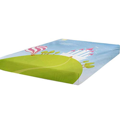 LCGGDB Cartoon Fitted Sheet Twin Size,Fantasy Castle on Top of The Hills and Hot Air Balloon in Sunny Sky Day Kids Art Stain Resistant Deep Pocket Bed Sheet,Multicolor