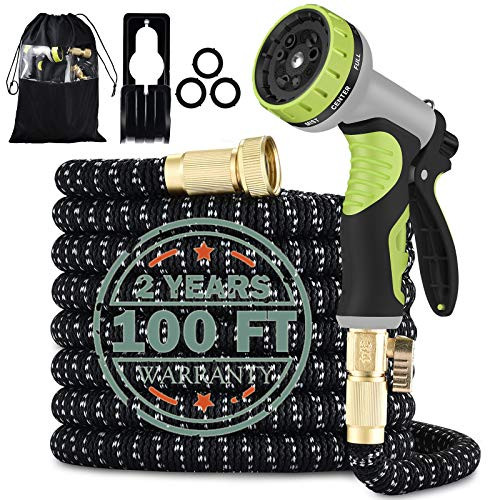 100FT Expandable Garden Hose with 9 Function High Pressure Nozzle, Lightweight Water Hose with Durable 3-Layers Latex Core  and  3/4" Solid Brass Fittings, Flexible Hose for Washing and Watering -100FT-