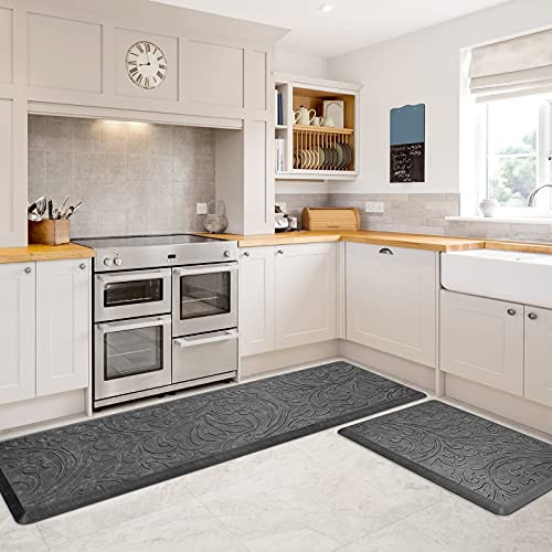 KMAT 2PCS Kitchen Mat Cushioned Anti-Fatigue Floor Mat,Waterproof Non-Slip Standing Mat,Ergonomic Comfort Floor Mat Rug for Home,Office,Sink,Laundry,Desk-17.3"x28" plus17.3"x59",Grey-