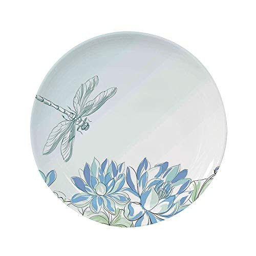 Ylljy00 Dragonfly 6" Dinner Plate,Waterlilies Flowers and Dragonflies Simplistic Design Eco Nature Theme Artwork Ceramic Decorative Plates,Dining Table Tabletop Home Decor,Blue Green