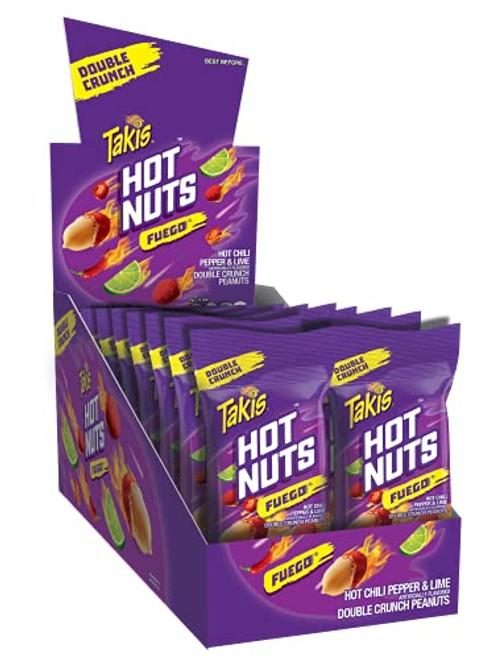 Takis Hot Nuts - Double Crunch Spicy Peanuts  Unique Hot Peanuts with Double Crunch Technology - Fuego Flavor -Hot Chili Pepper  and  Lime-, 12 bags