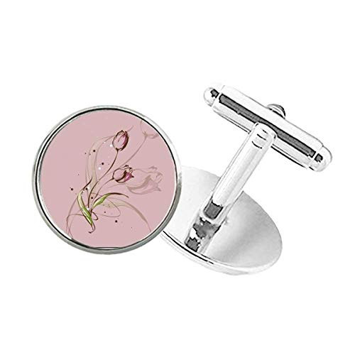 DIYthinker Hand Painted Tulip Pink Flower Plant Round Button Cuff Clip Stud Cufflinks