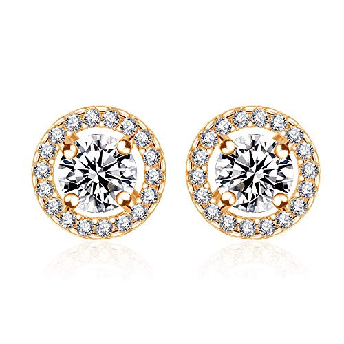 Junxin 14K White Gold Plated Halo Stud Earrings, White Round Cut Cubic Zirconia Stud Earrings for Women Teens -Gold-