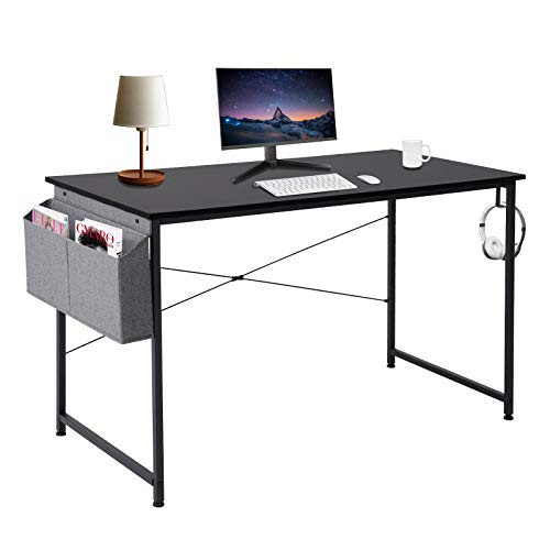 Computer Desk, Modern Sturdy Office Desk Home Office Writing Table, Simple Industrial Style PC Laptop Work Desk Workstation with Storage Bag and Hook 47 inch Black