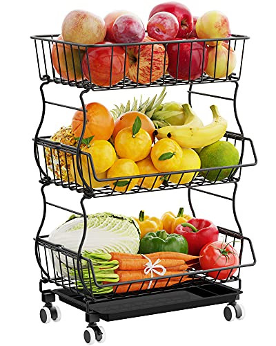 Rolling Stackable Basket, iSPECLE 3 Tier Fruit Basket Stand with Lockable Wheels Extra Large Metal Wire Storage Basket Fruit Organizer with Drainboard for Kitchen Counter, Black