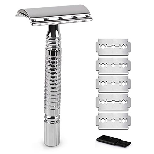 Classic Men's Short Handle Double Edge Safety Razor Stainless Steel Manual Razor For Wet Shaving With 5 Pieces Shaving Blade