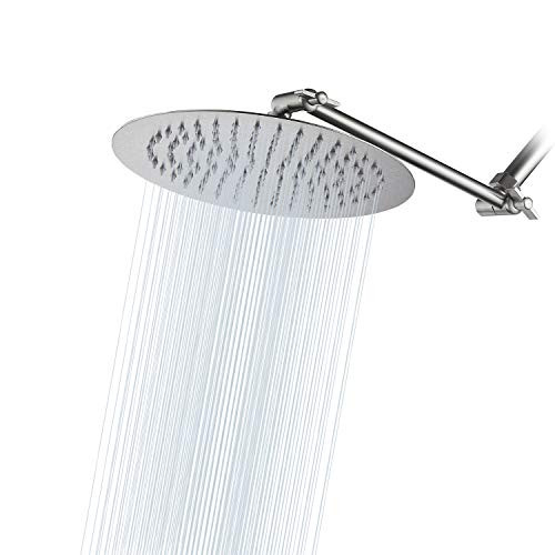 Rainfall Shower Head GGStudy Brushed Nickel Shower Heads 10 Inch Round High Pressure Rain Shower Head With 11 Inches Adjustable Extension Arm Stainless Steel Ultra Thin Rainfall Bath Shower