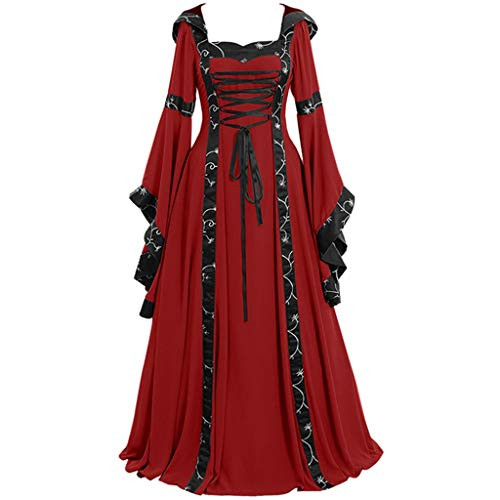 LODDD Women Vintage Celtic Medieval Floor Length Evening Dress Renaissance Gothic Cosplay Dress Red
