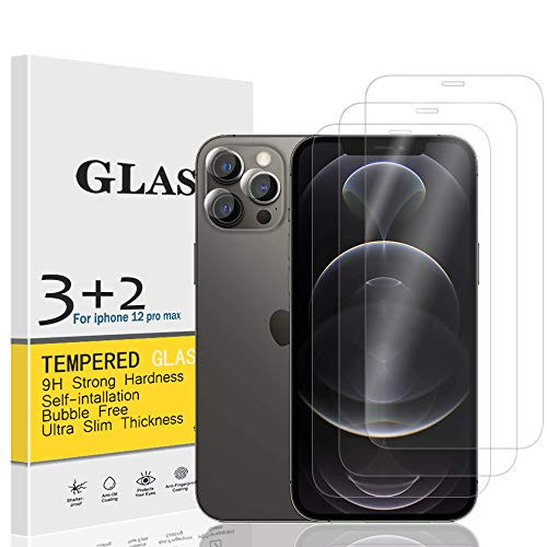 Aqualief Glass Screen Protector Compatible with iPhone 12 Pro Max -6.7" Display, 2020-,3 Pack Tempered Glass  plus 2 Pack Camera Lens Protector [Case-Friendly- A4