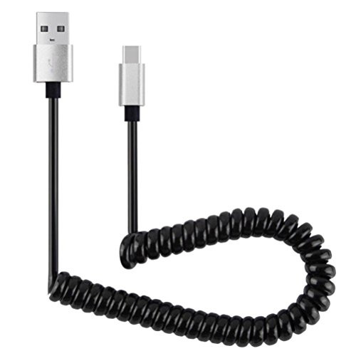 Tuscom USB-C USB 3.1 Type C Data Charge Charging Cable 1M Spring Coiled Retractable USB A Male to Type c USB-C Data Charging Cable -Silver-