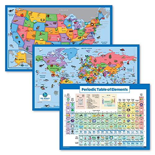 3 Pack - Illustrated World Map and USA Map for Kids plus Periodic Table of The Elements Poster -Laminated, 18" x 29"- 3 Pack - Illustrated World Map and USA Map for Kids plus Periodic Table of The Elements Poster -Laminated, 18" x 29"-