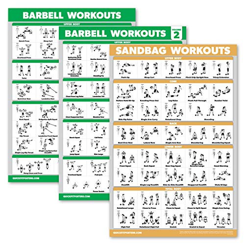 Palace Learning 3 Pack - Barbell Workout Posters Volume 1  and  2  plus Sandbag Exercise Chart - Set of 3 Posters -Laminated, 18" x 24"-