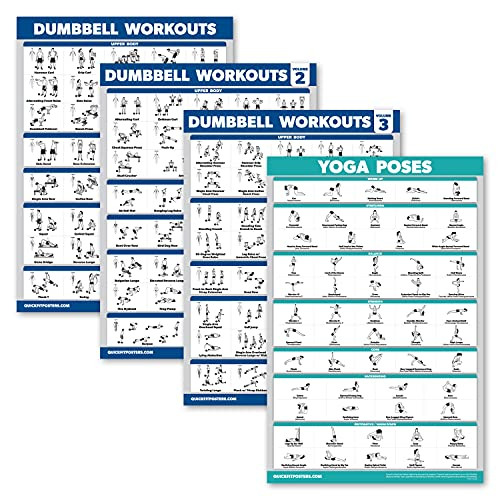 Palace Learning 4 Pack - Dumbbell Workout Posters Volume 1, 2  and  3  plus Yoga Poses Chart - Set of 4 Posters -Laminated, 18" x 24"-