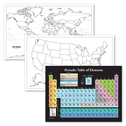 3 Pack - USA and World Map Blank Outline Posters plus Periodic Table of the Elements Chart [Black- -LAMINATED, 18" x 29"- 3 Pack - USA and World Map Blank Outline Posters plus Periodic Table of the Elements Chart [Black- -LAMINATED, 18" x 29"-