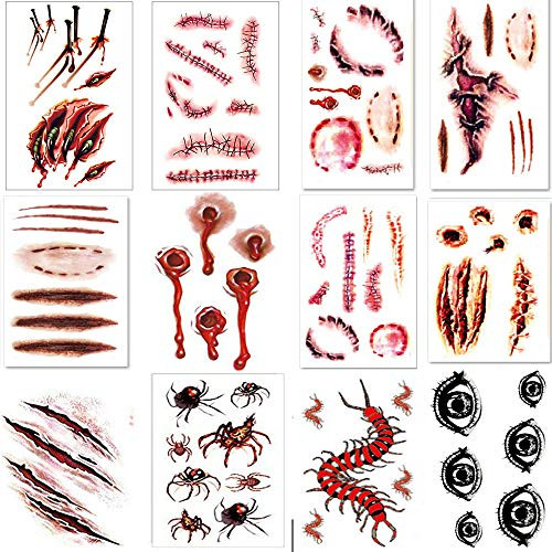 Halloween Scar Tattoos, 12 Sheet Temporary Wound Tattoo Stickers for Cosplay Costume Halloween Masquerade Prank Makeup Props