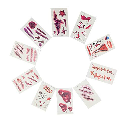 JKDRILL 10 Sheets Halloween Zombie Tattoos, Zombie dress up Kit, Scar Tattoos, 30 plus Horror Realistic Fake Blood Temporary Tattoos Bleeding Wound Horror Injury Tattoo Stickers for Zombie Cosplay Party